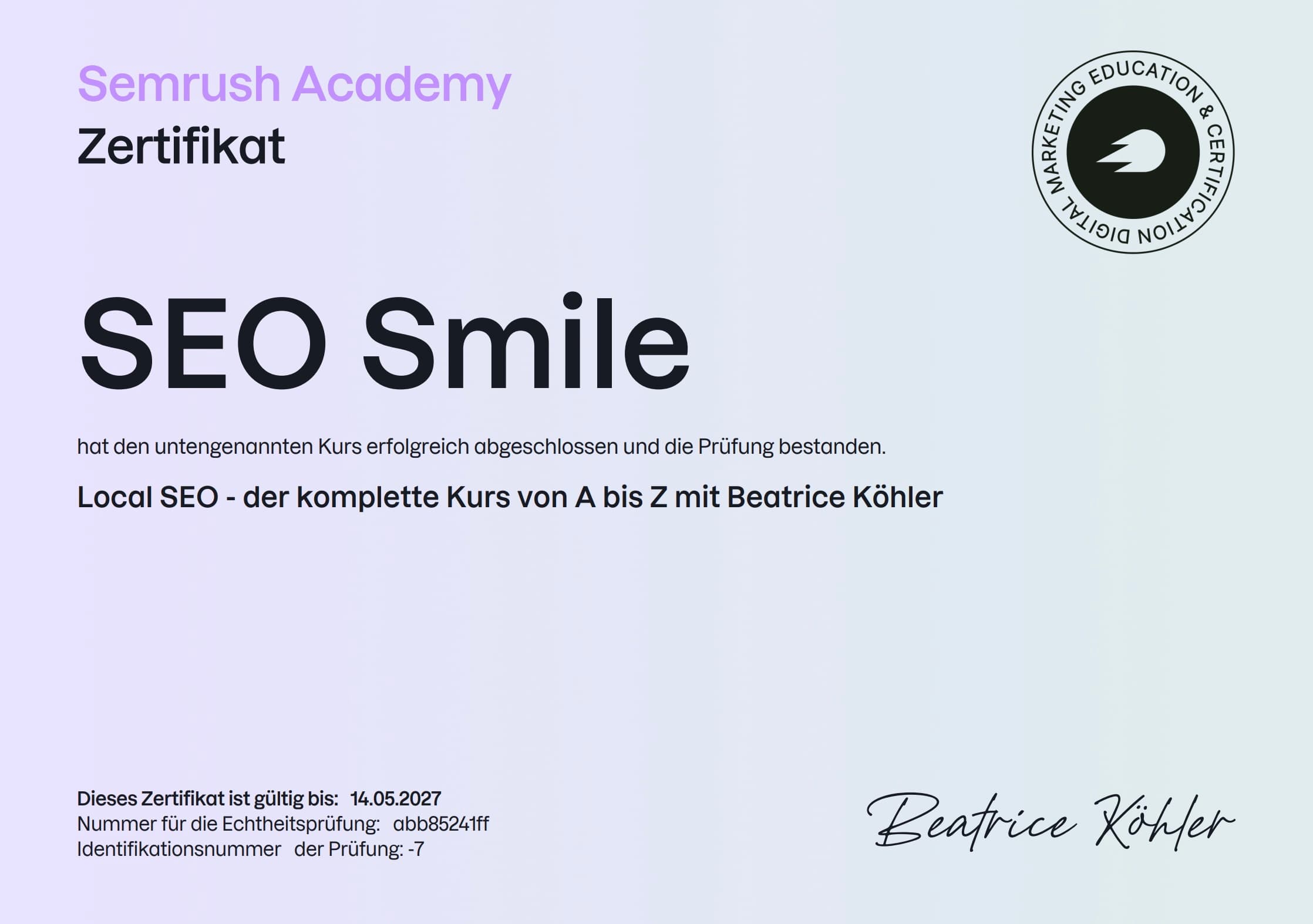 Semrush Zertifikat von SEO Smile